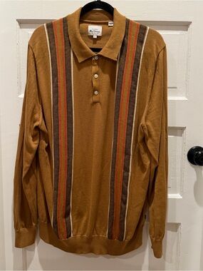 Ben Sherman Camel Long-Sleeve Polo with Brown and Orange Stripes